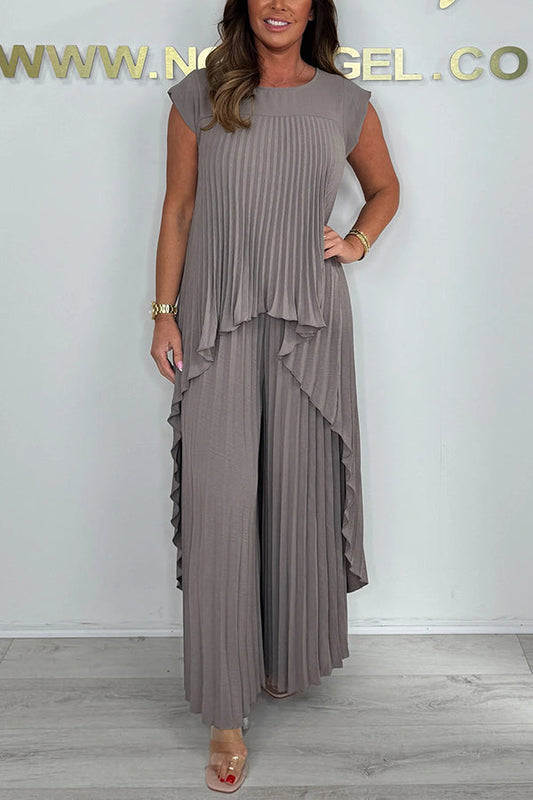 Laney Pleated Short Sleeve Irregular Midi Top and Elastic Waist Wide Leg Pants Set✨