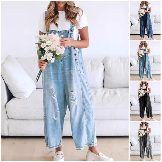 🔥Limited Time Sale 50% OFF💕Women's Cute Casual Button Jumpsuit Ripped Denim Overalls