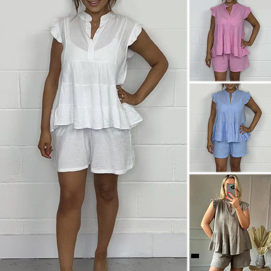 😍Best Seller😍Women's Cheesecloth Ruffle Shorts & Top Set