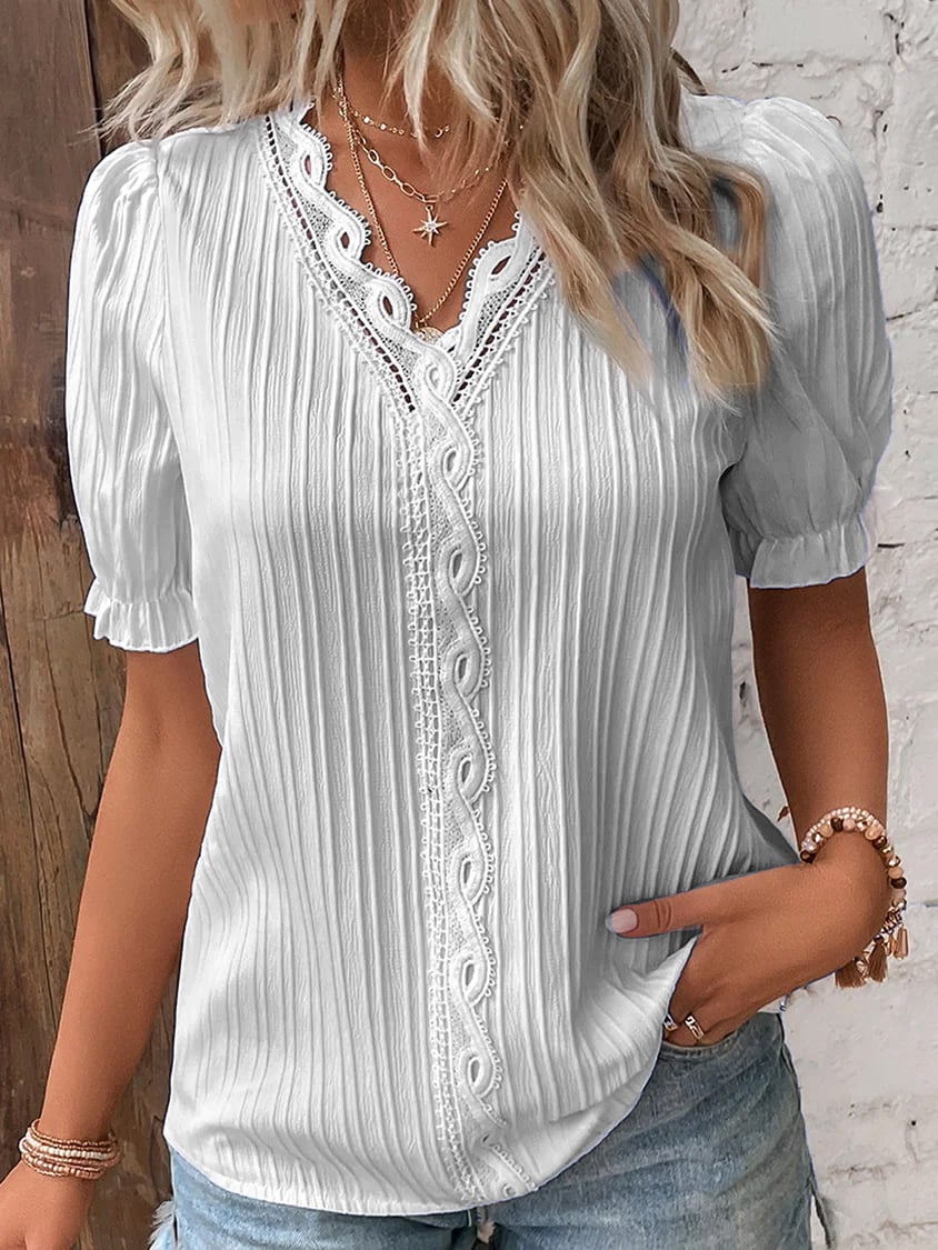 (🎁2024 New Year Hot Sale🎁)Limited Stock🔥V Neck Plain Lace Elegant Shirt（buy 2 get 25%off💫）-9