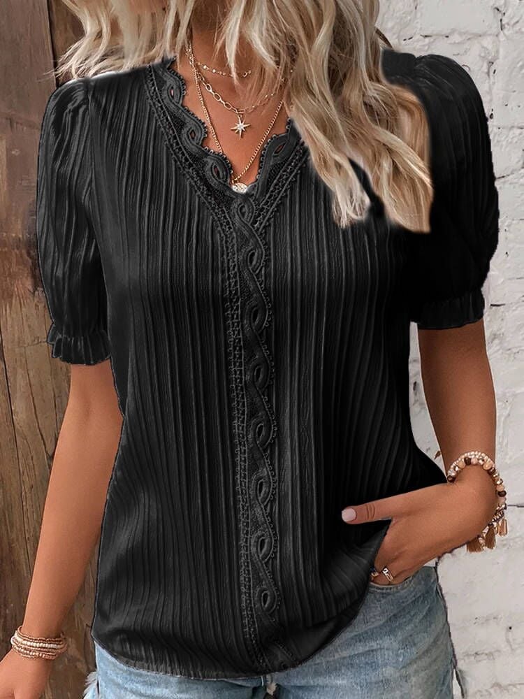 (🎁2024 New Year Hot Sale🎁)Limited Stock🔥V Neck Plain Lace Elegant Shirt（buy 2 get 25%off💫）-10