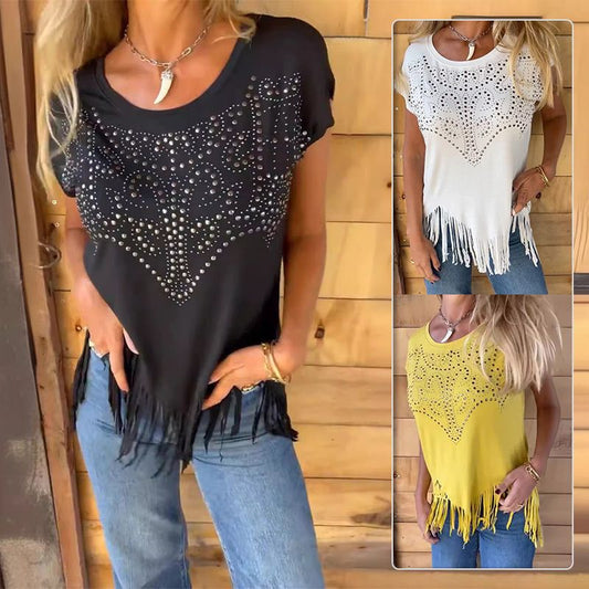 🔥HOT SALE 50% OFF🔥Women's Solid Colour Short Sleeve T-shirt With Hot Print And Frayed Hem🌙
