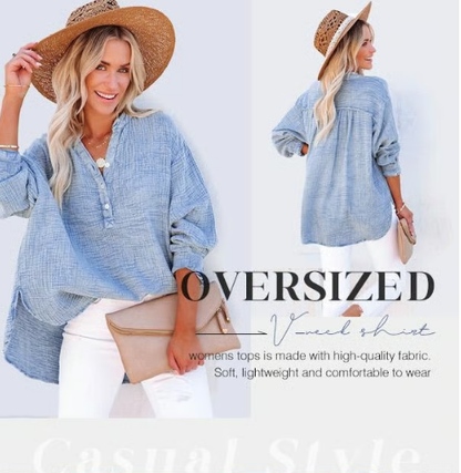 💥 LAST DAY — HALF PRICE! 💖 Women's Gauze Button Neck Long Sleeve Blouse – Soft Pure Cotton, Oversized Comfort 🎽 V-Neck, Textured, Side Slits ✨ Effortless Style for Coffee Runs, WFH & Country Walks 🌿
