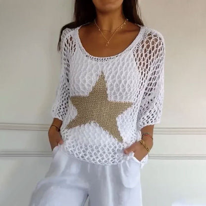 Summer Hot Sale🔥Women's Fashion Round Neck Crochet Knit Fishnet Top