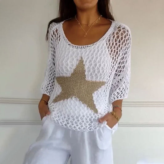 Summer Hot Sale🔥Women's Fashion Round Neck Crochet Knit Fishnet Top