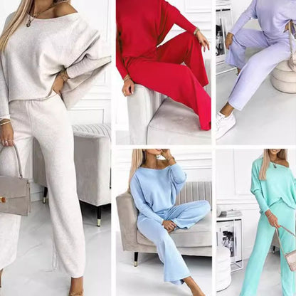 💖New Year Promotion 49%OFF✨Women's Solid Color Drop Shoulder Pullover and Loose Pants Set