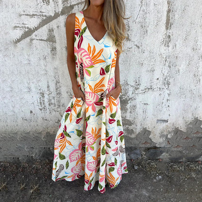 💕⏰Last Day Hot Sale!!⌛🎁 Women's Leaves Pattern V-Neck Sleeveless Floor-Length Dress💕