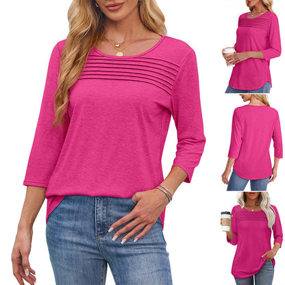 💕Last Day 50% OFF👚Women’s Pleated Detail 3/4 Sleeve Casual T-Shirt✨