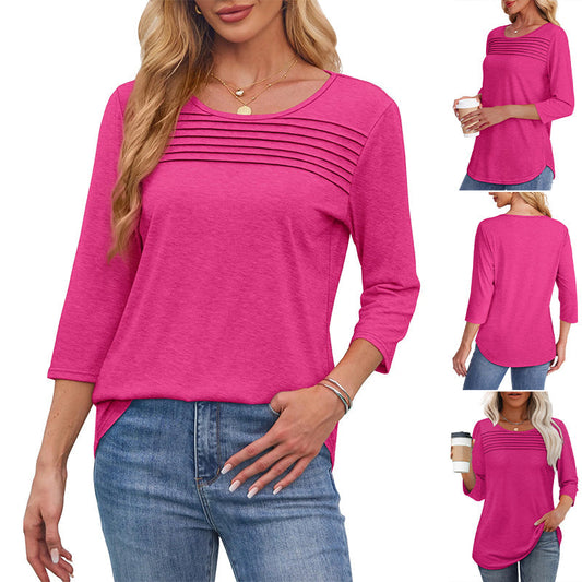 💕Last Day 50% OFF👚Women’s Pleated Detail 3/4 Sleeve Casual T-Shirt✨