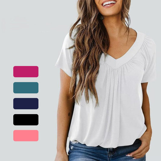 🎁2025 Mother's Day Sale⏳Women's Casual Pleated V-Neck Short-Sleeve Top