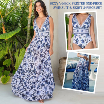 Sexy V-Neck Printed One-Piece Swimsuit & Skirt 2-Piece Set