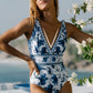 Sexy V-Neck Printed One-Piece Swimsuit & Skirt 2-Piece Set