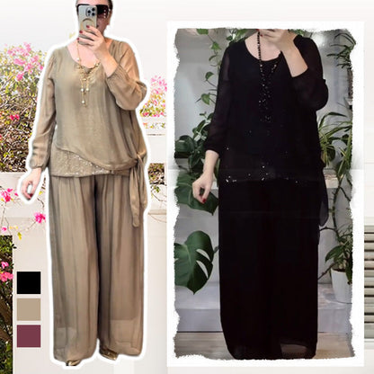Fashionable Women’s 2-Piece Sequin Blouse & Wide Leg Pants Set
