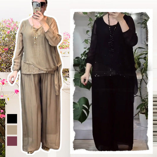 Fashionable Women’s 2-Piece Sequin Blouse & Wide Leg Pants Set