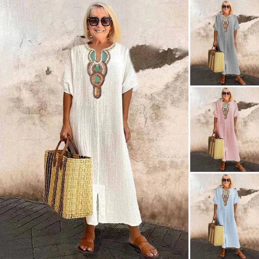 🩷Summer Hot Sale 50%OFF🩷Women's Casual Loose Cotton Linen Embroidered Split Dress