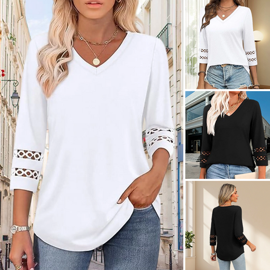 Women’s Solid Casual V-Neck Top with 3/4 Sleeves
