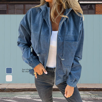 Women's Casual Lapel Hooded Jacket with Zipper