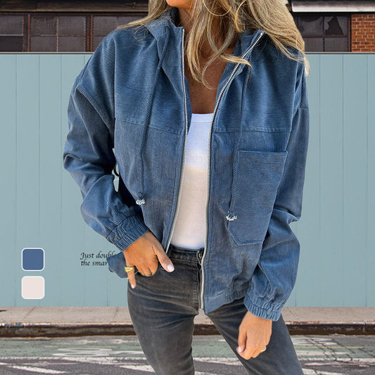 Women's Casual Lapel Hooded Jacket with Zipper