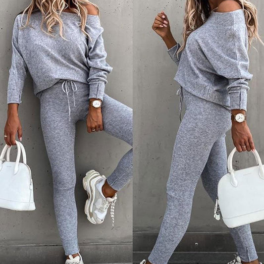 🔥HOT SALE🥰Off-Shoulder Long Sleeve Top with Drawstring Pants Set