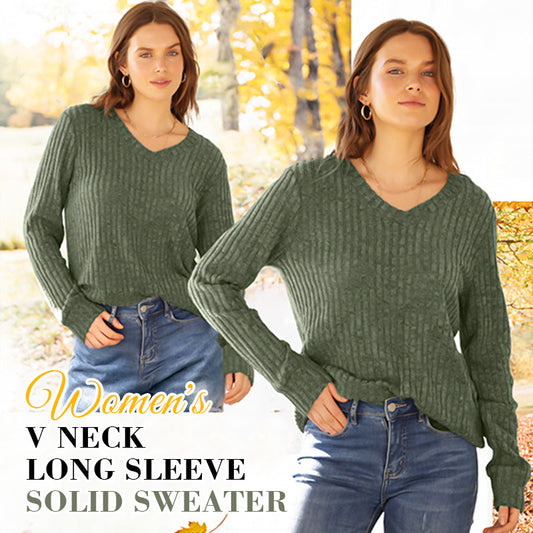 🍂Autumn Hot Sale 70% OFF🔥Women's V Neck Long Sleeve Solid Sweater