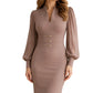 Women's Elegant V-Neck Bishop-Sleeve Bodycon Dress