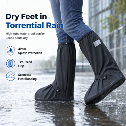 🌧️ 50% OFF NOW! ✨ Waterproof High-Top Rain Shoe Covers 🛡️ 42cm Tall Splash Guard 🚦 Anti-Slip Tire Tread 💡 Reflective Strip 🚲 Seamless Heat Bonding for Commuting, Cycling & Outdoor Use